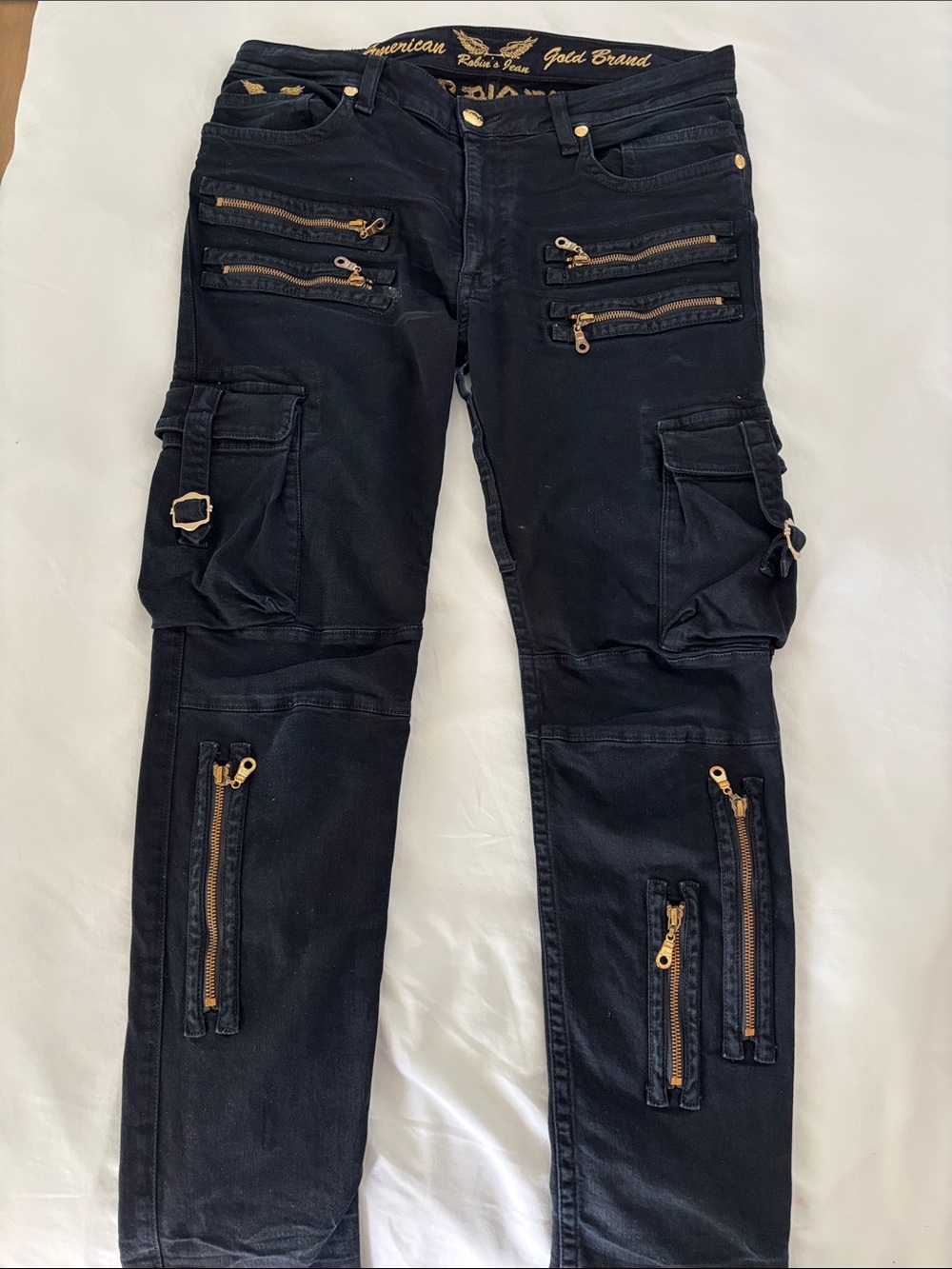 Robin's Jean Retro black denim w/ contrast embroidery, zippers, cargo pockets